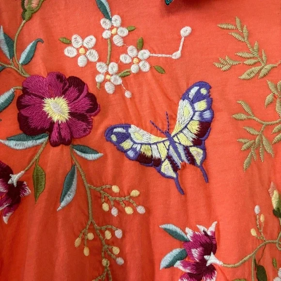 NWT Johnny Was Osaka Raw Seam Dolman Tee in Living Coral Embroidered T-Shirt XS - Picture 9 of 13